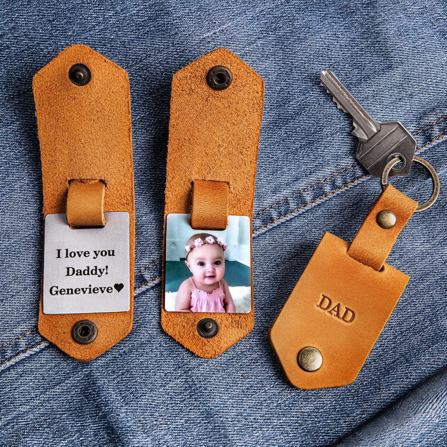 First time dad gift, Leather keychain personalized with photo and name, new dad gift from daughter, daddy to be photo gift