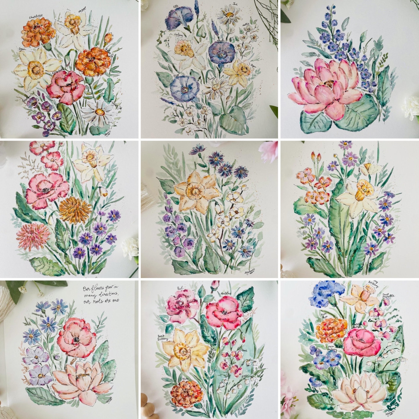 Custom Watercolour Birthday Flower Family Painting