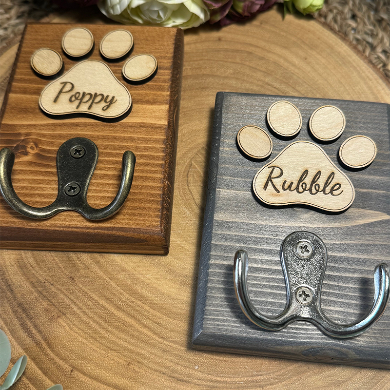 Personalised Dog Lead Holder, Double Chrome Hook, Custom Wooden Dog Leash Hanger, Pet Lover Gift, Bronze Vintage Hook
