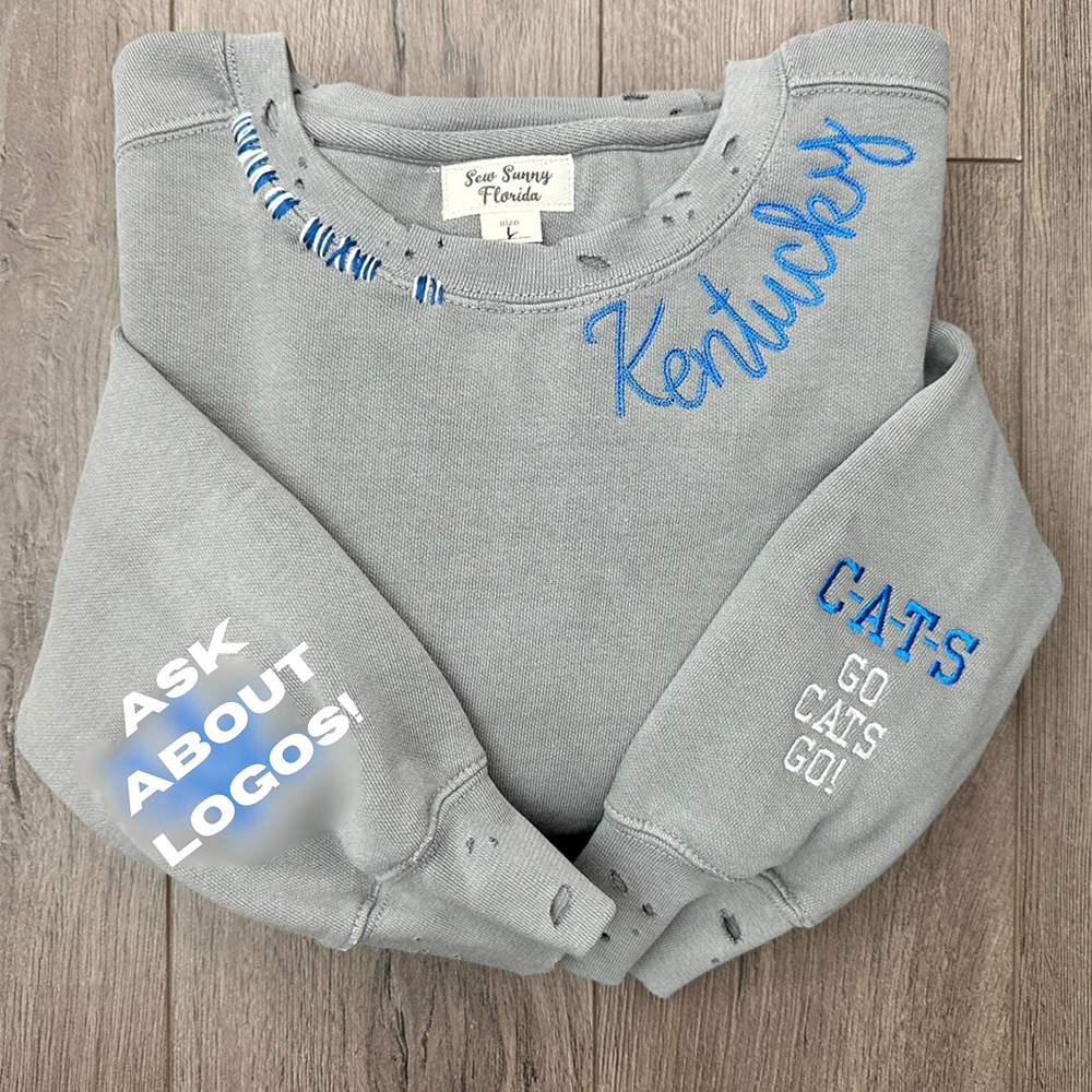 CUSTOM Embroidery Chain Stitch Sweatshirt Distressed Monogram Collar Sleeve Preppy Vintage Custom Pullover Personal Sport College 