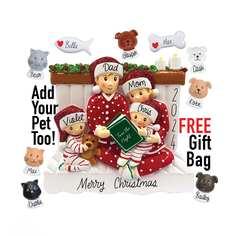 Personalized Family Christmas Ornament 2024 - Family of 3, 4, or 5 with Pet Dog in Pajamas Reading Story