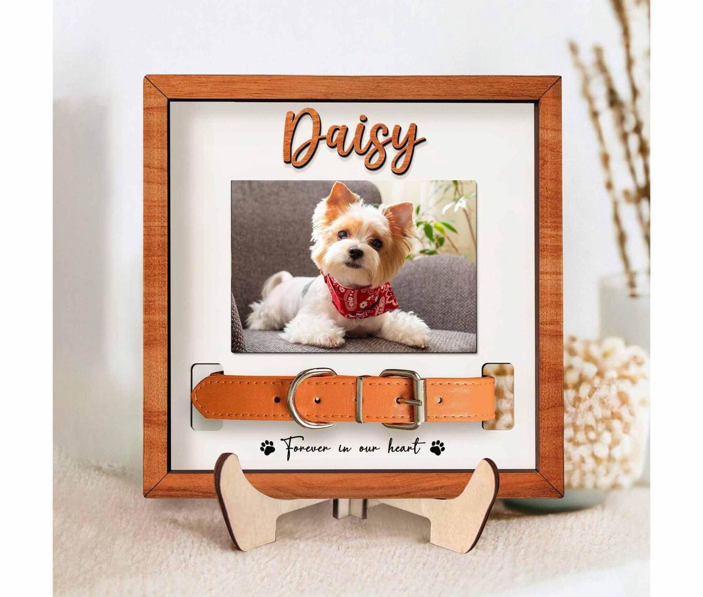 Custom Memorial Pet Collar Sign - Heartfelt Dog & Cat Memorial Wood Frame with Collar Holder, Perfect Pet Loss Sympathy Gift