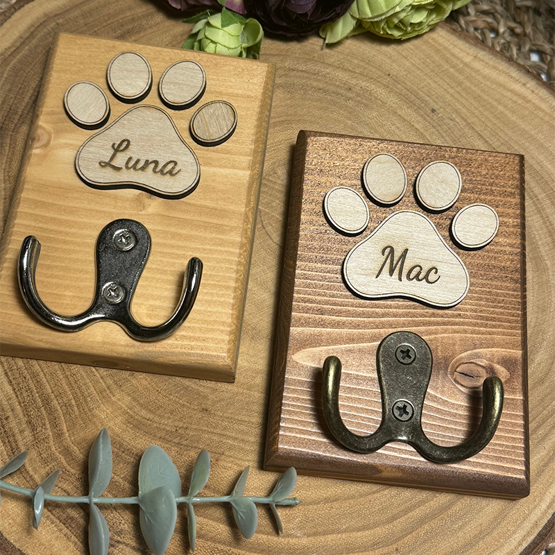 Personalised Dog Lead Holder, Double Chrome Hook, Custom Wooden Dog Leash Hanger, Pet Lover Gift, Bronze Vintage Hook