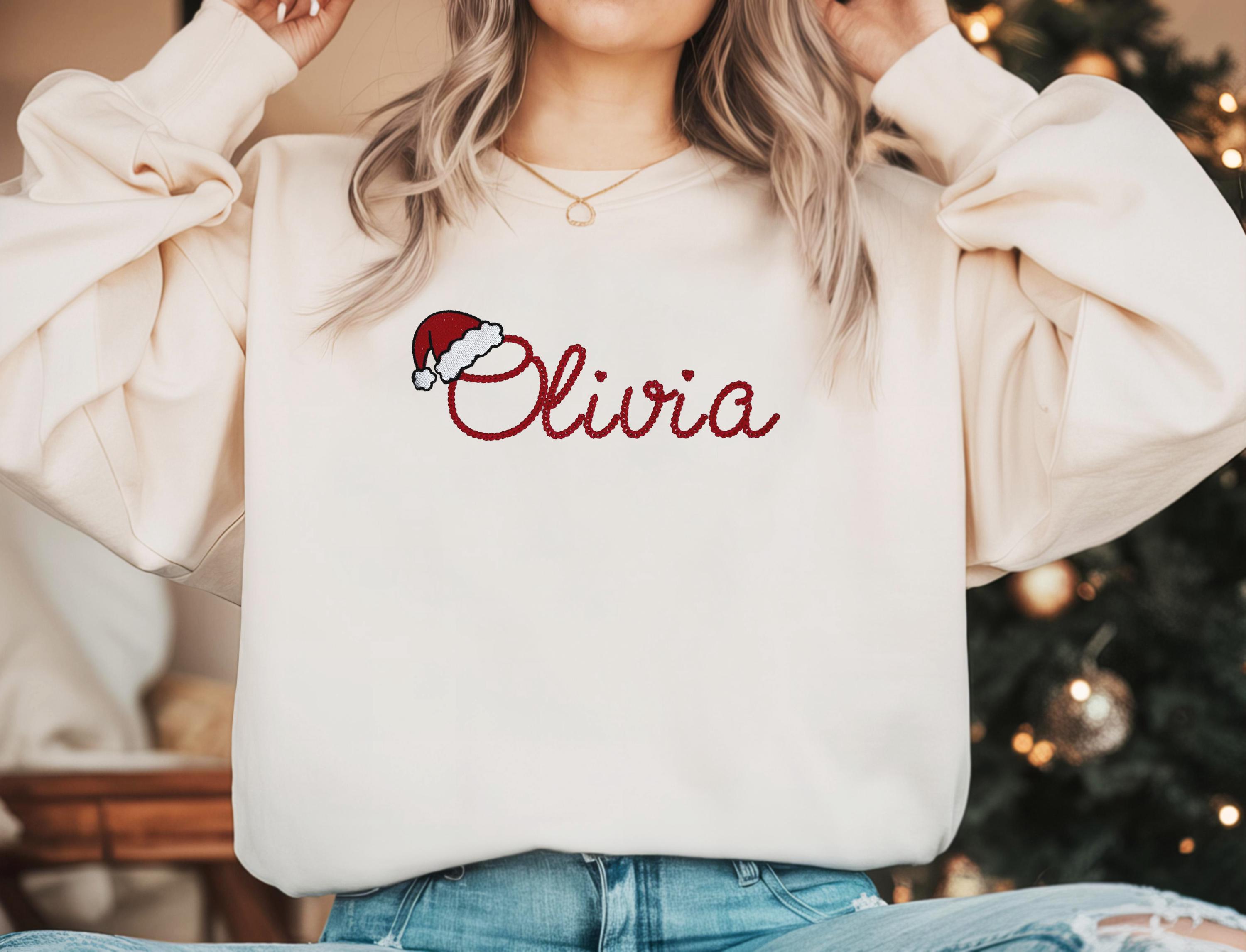 Embroidered Personalized Christmas Sweatshirt, Embroidered Christmas Custom Name Crewneck Sweater