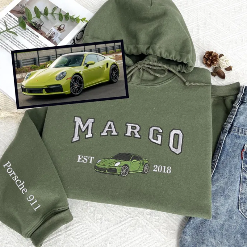 Custom Car Hoodie: Embroidered Classic Car Photos & Names, Perfect Anniversary Gift for Car Lovers