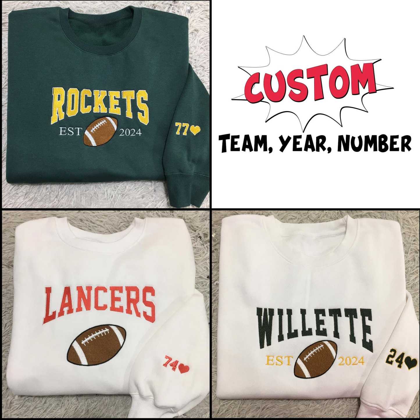 Embroidered Custom Team Football Sweatshirt, Custom number Football Embroidered Hoodie, EST Year
