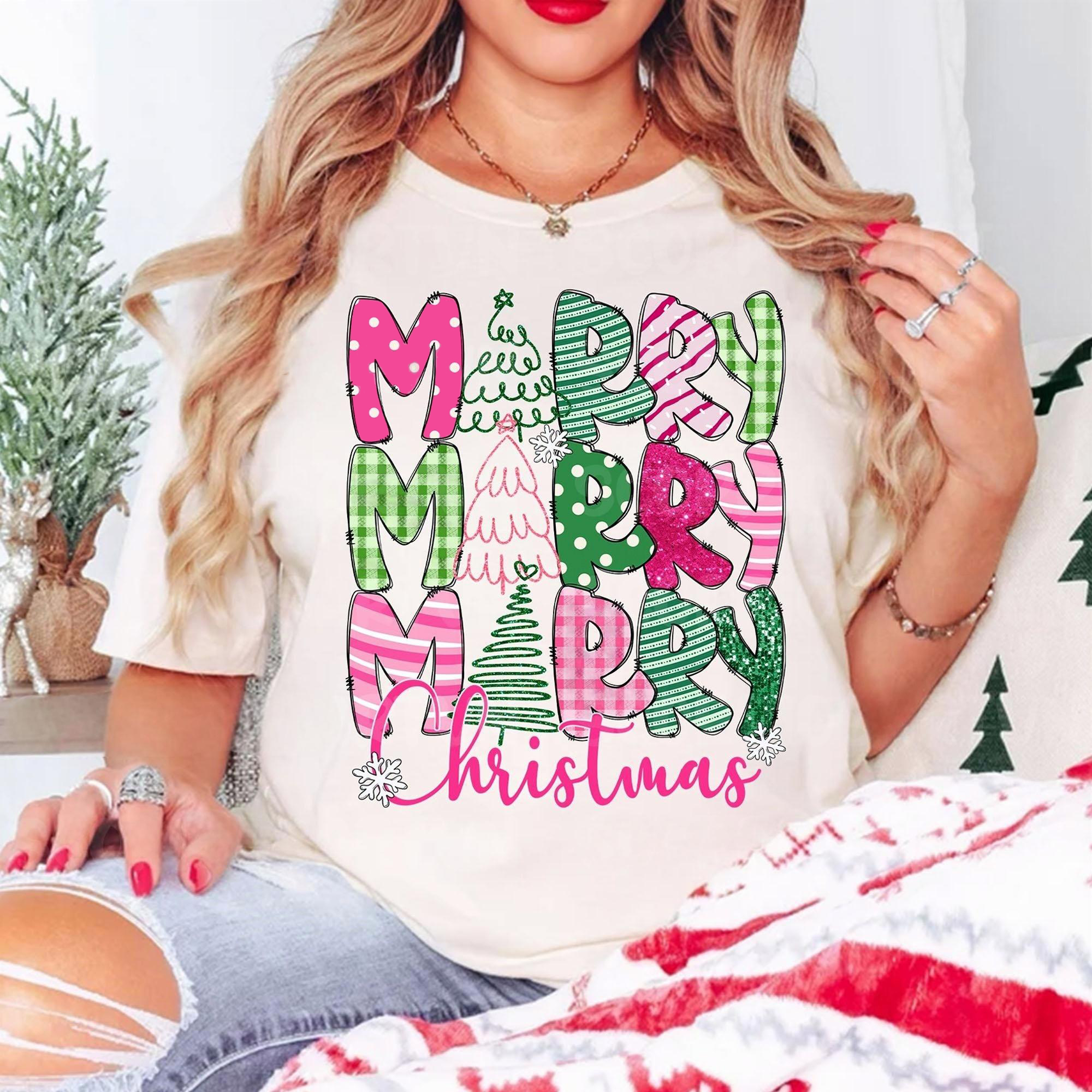 Custom Pink Merry Christmas Shirt,Merry and Bright