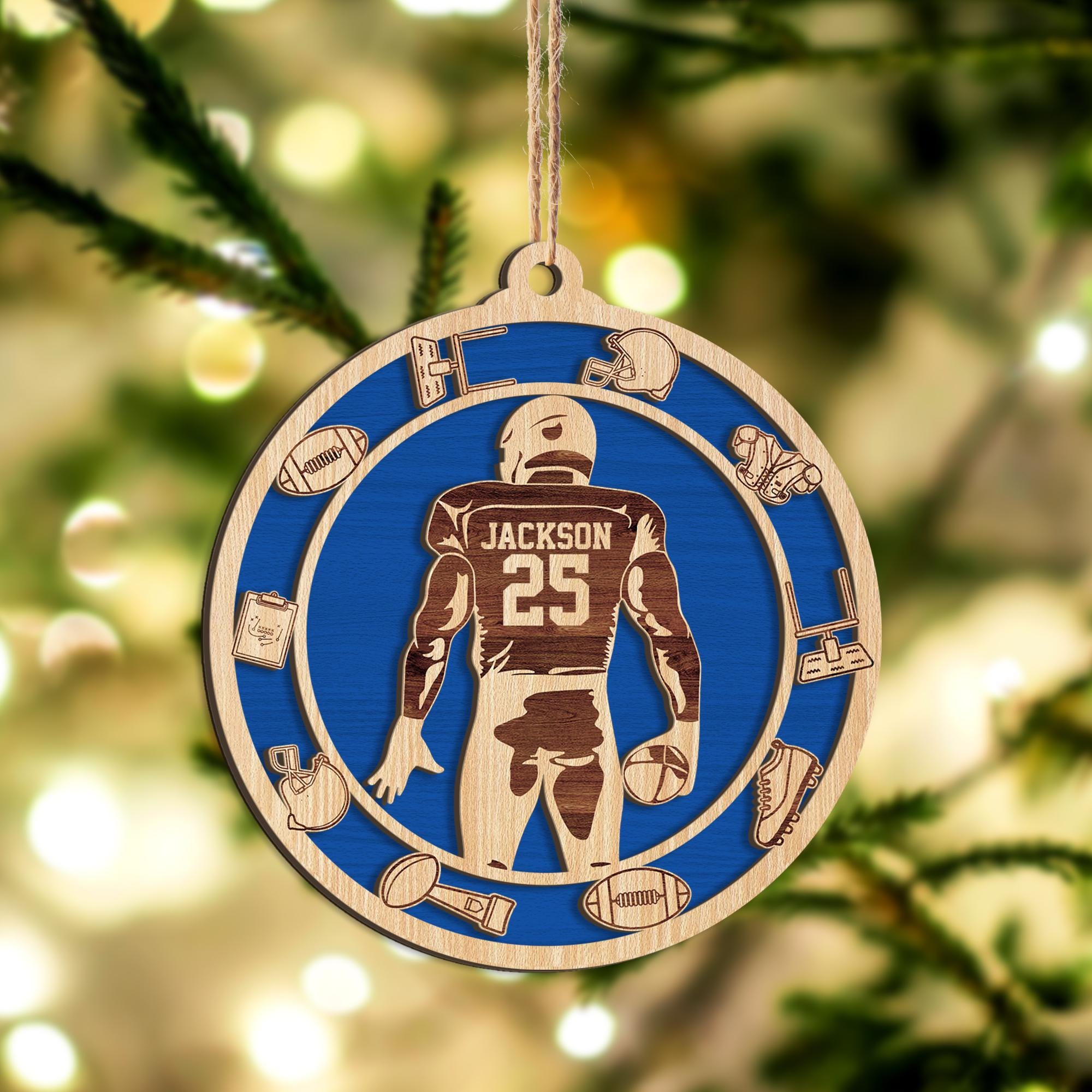 Personalized Football Layered Wood Ornament, Custom Football Christmas Tree Ornament