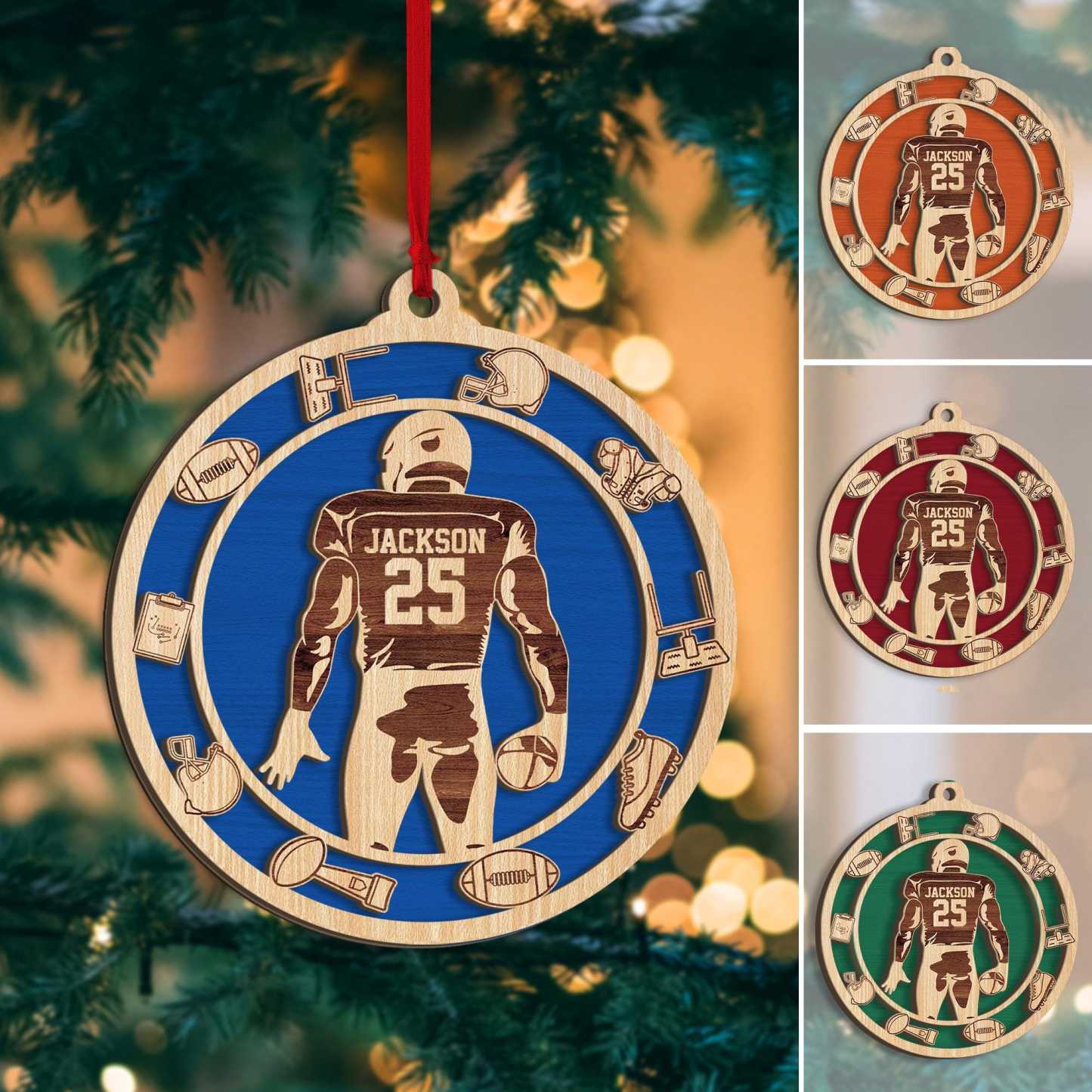 Personalized Football Layered Wood Ornament, Custom Football Christmas Tree Ornament