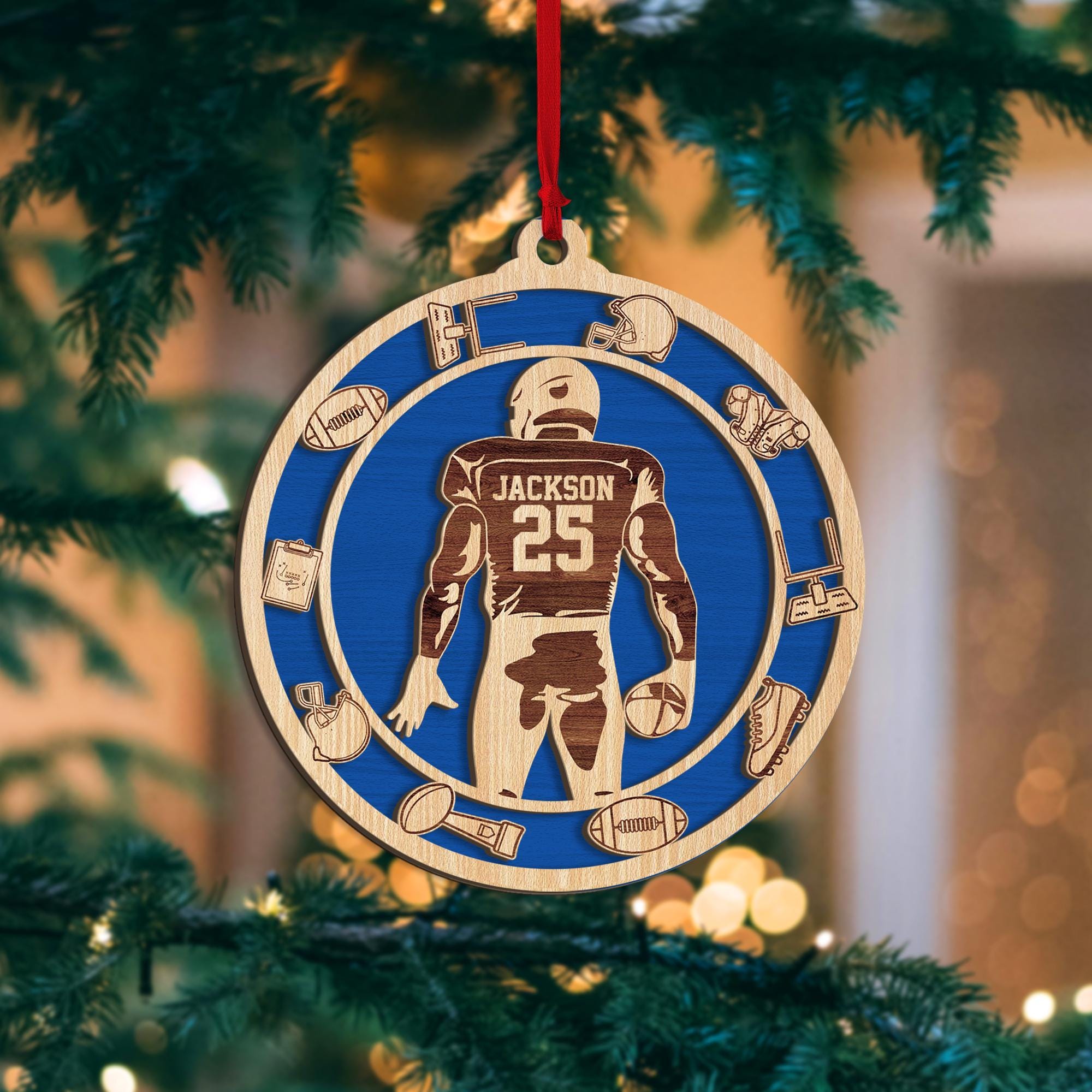 Personalized Football Layered Wood Ornament, Custom Football Christmas Tree Ornament