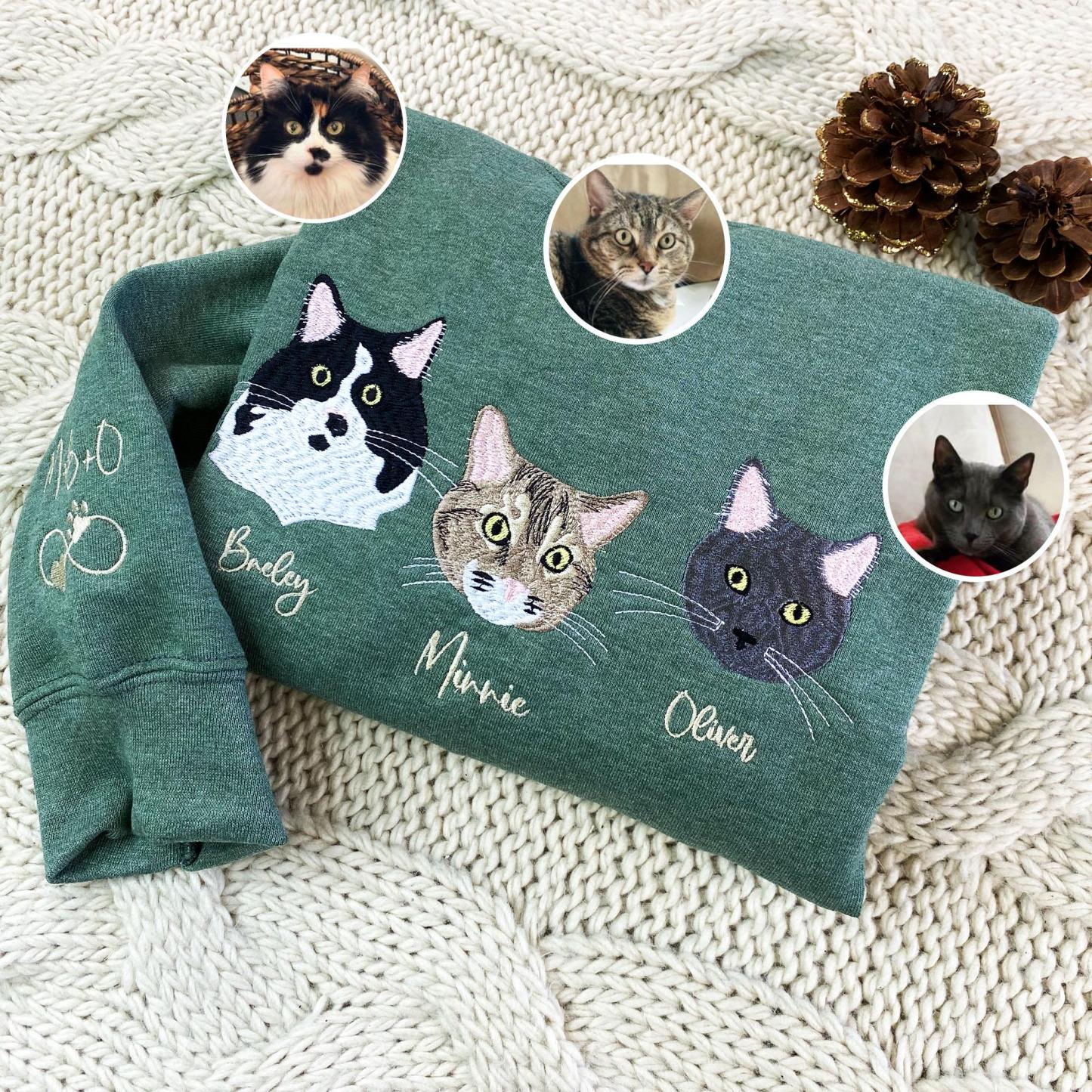 Embroidered Cat Sweatshirt, Personalized Cat Face with Cat Name Hoodie