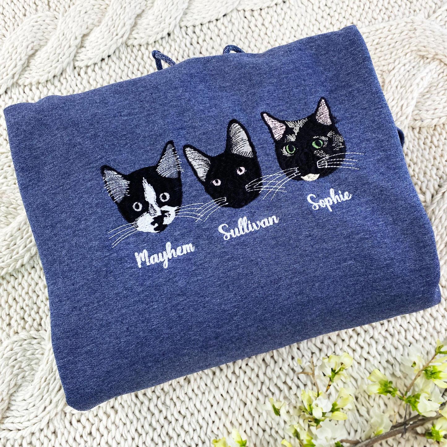 Embroidered Cat Sweatshirt, Personalized Cat Face with Cat Name Hoodie