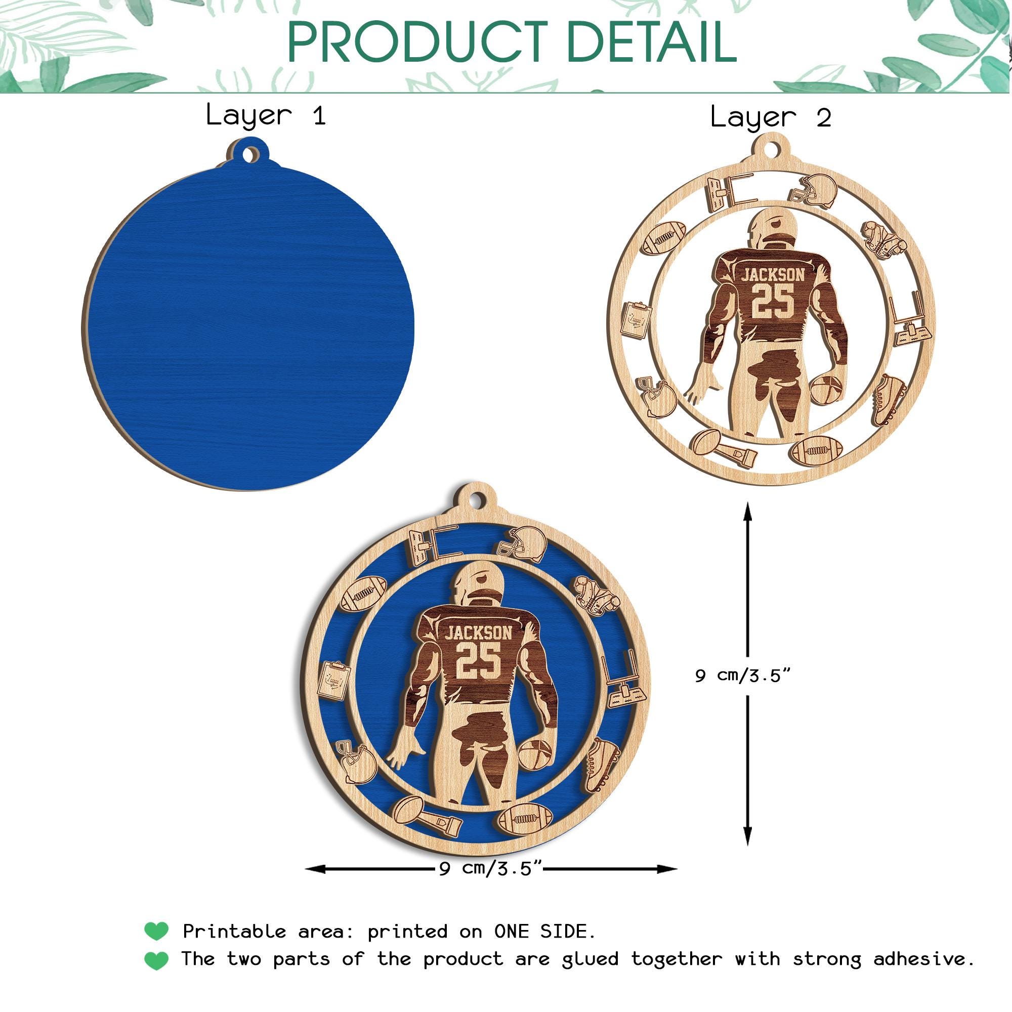 Personalized Football Layered Wood Ornament, Custom Football Christmas Tree Ornament