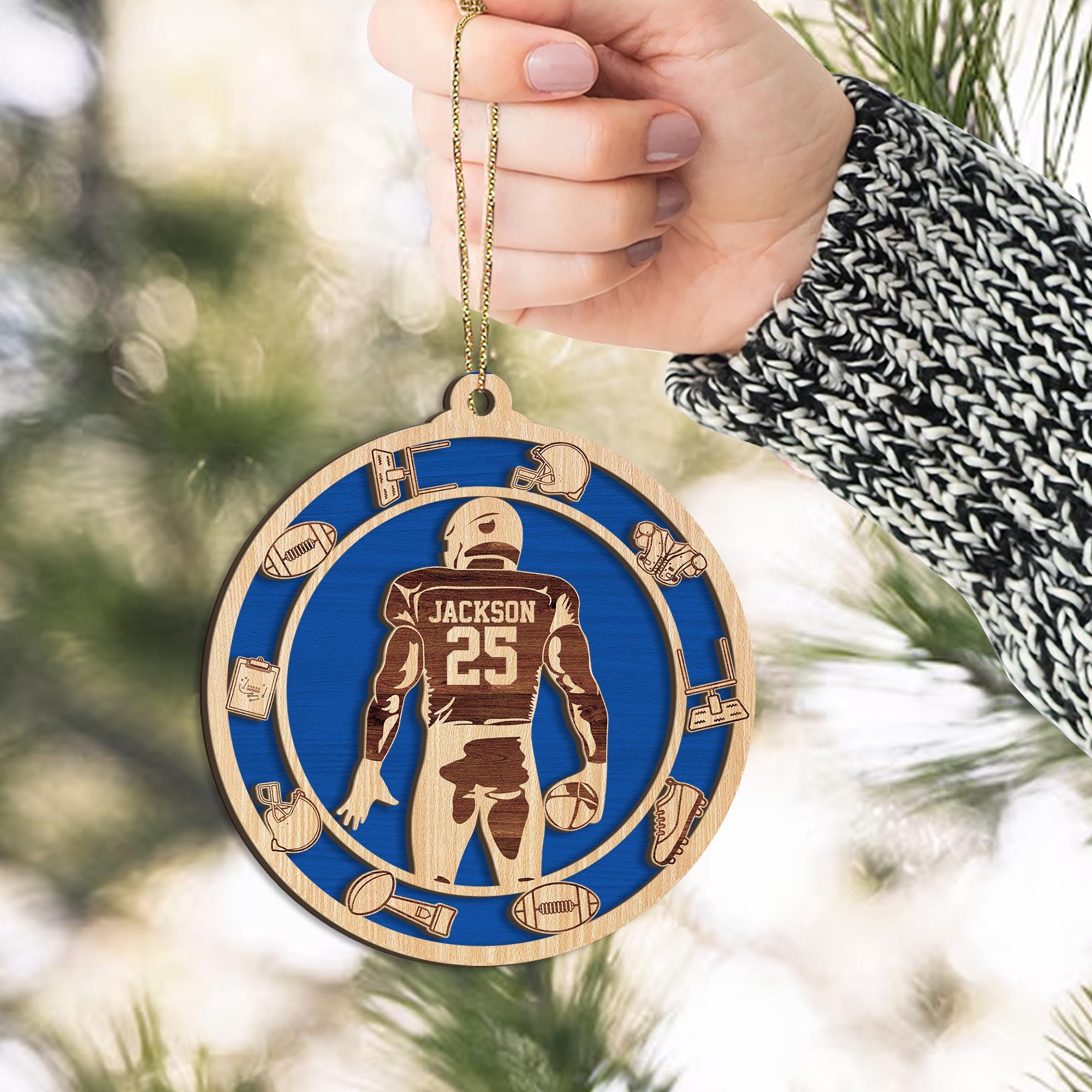 Personalized Football Layered Wood Ornament, Custom Football Christmas Tree Ornament