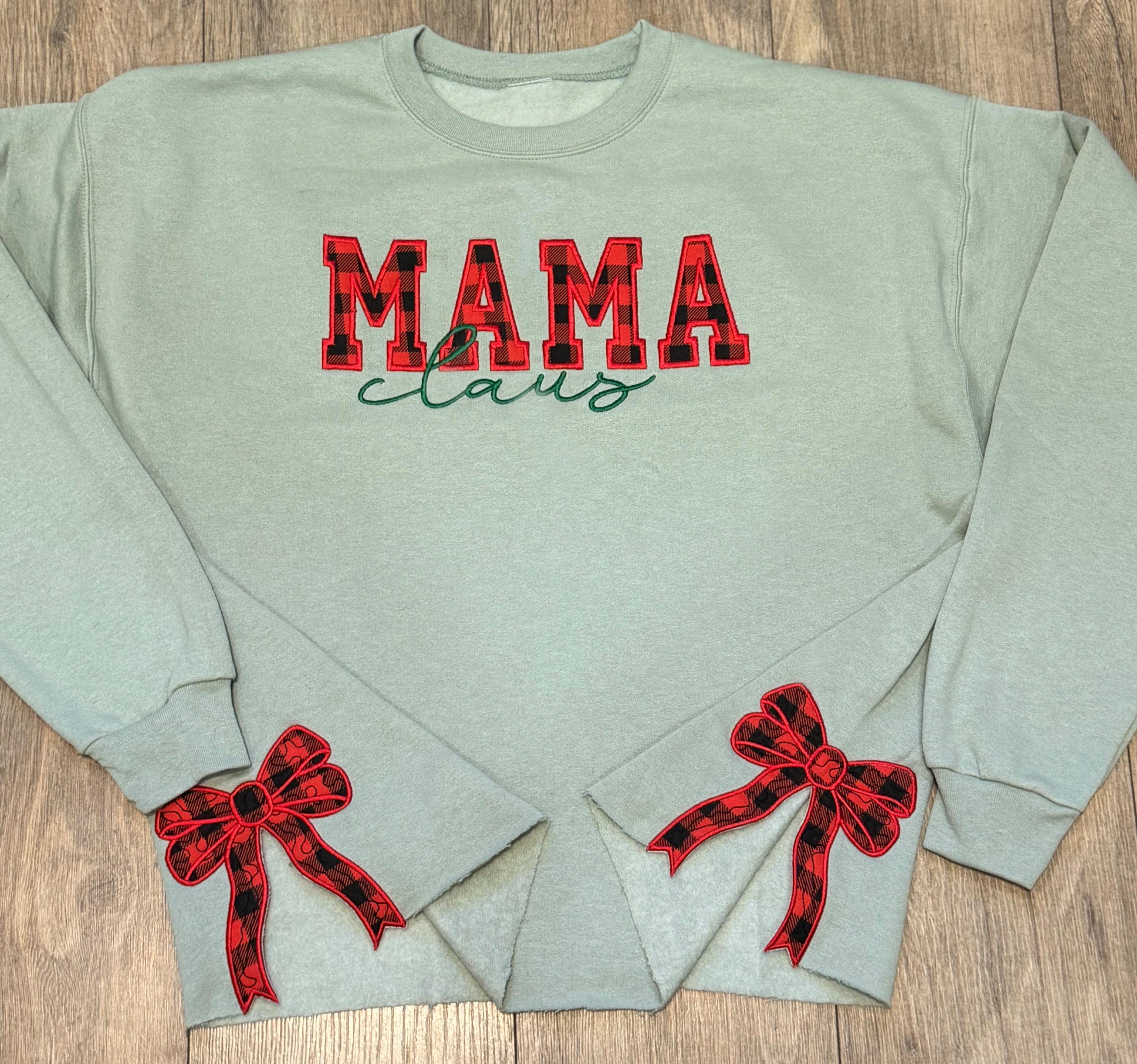 Custom Mama Claus Side Bow Cut-Out Sweatshirt, Plaid Christmas Pullover
