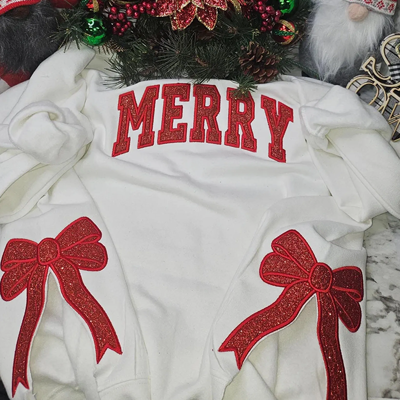 Merry and Bright Embroidered Bow Sweatshirt-Glitter Christmas Sweatshirt
