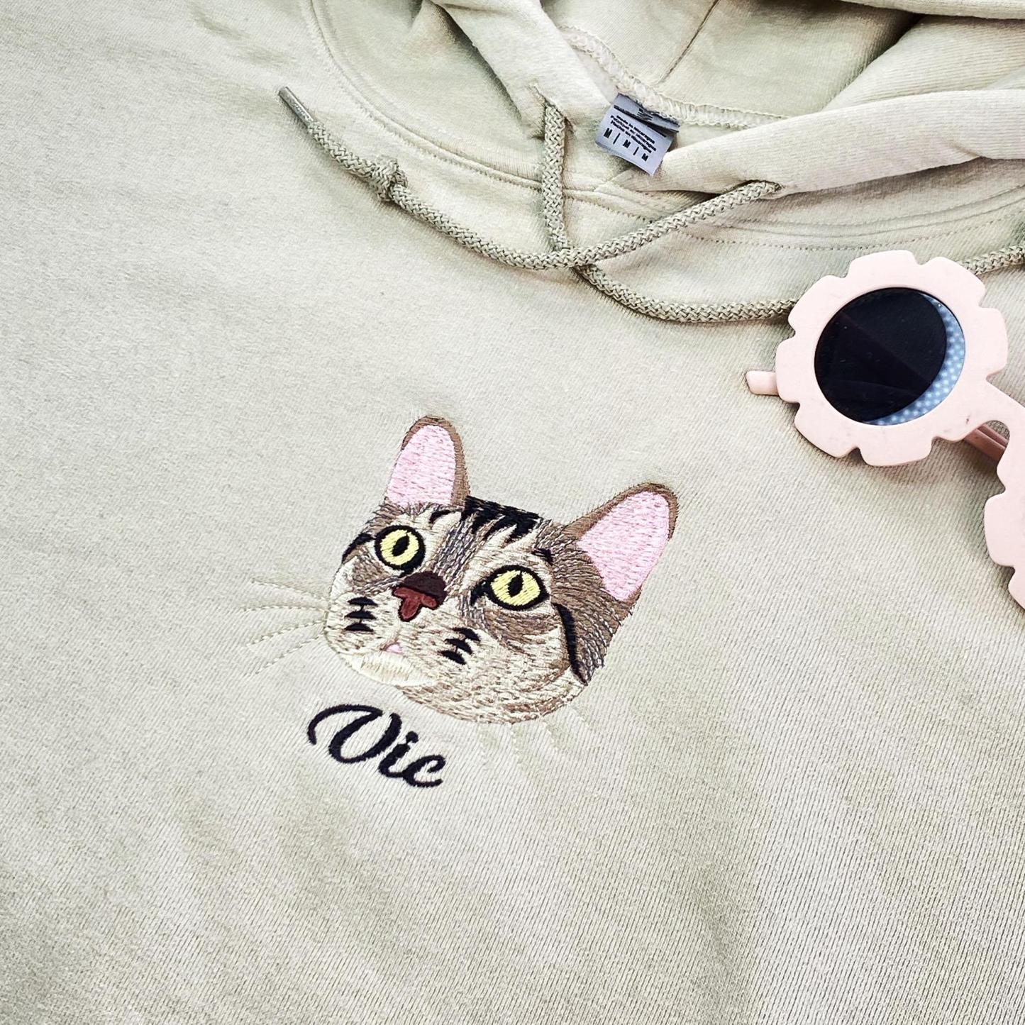 Embroidered Cat Sweatshirt, Personalized Cat Face with Cat Name Hoodie