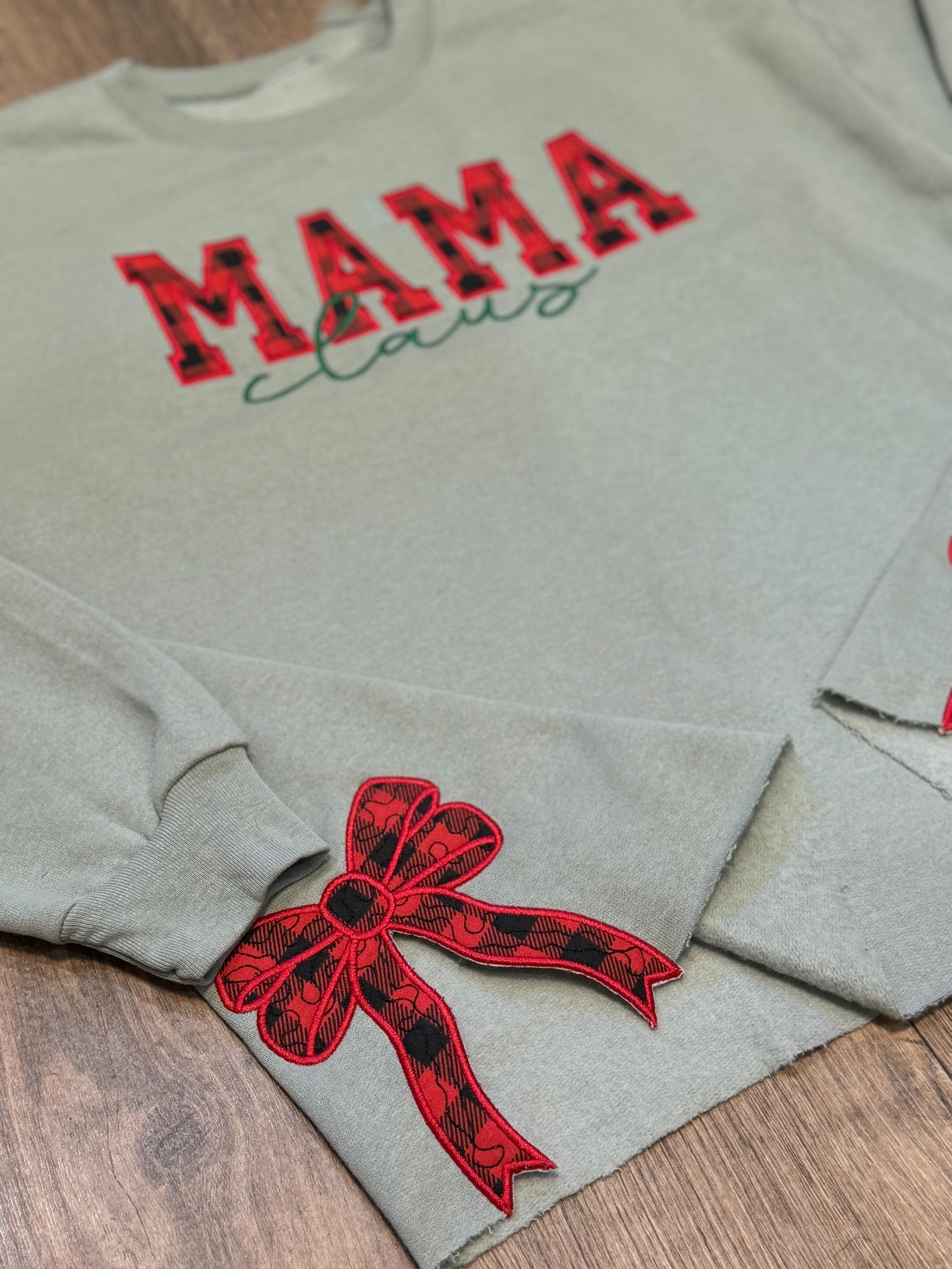 Custom Mama Claus Side Bow Cut-Out Sweatshirt, Plaid Christmas Pullover