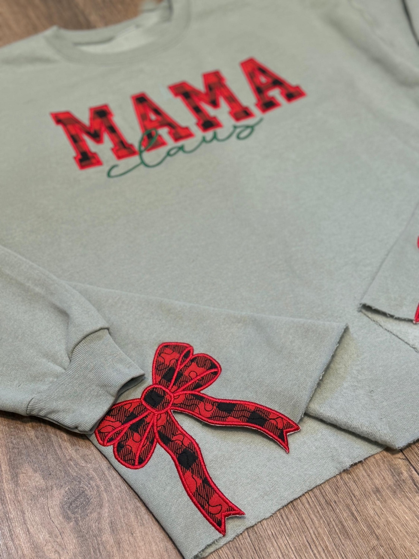 Custom Mama Claus Side Bow Cut-Out Sweatshirt, Plaid Christmas Pullover