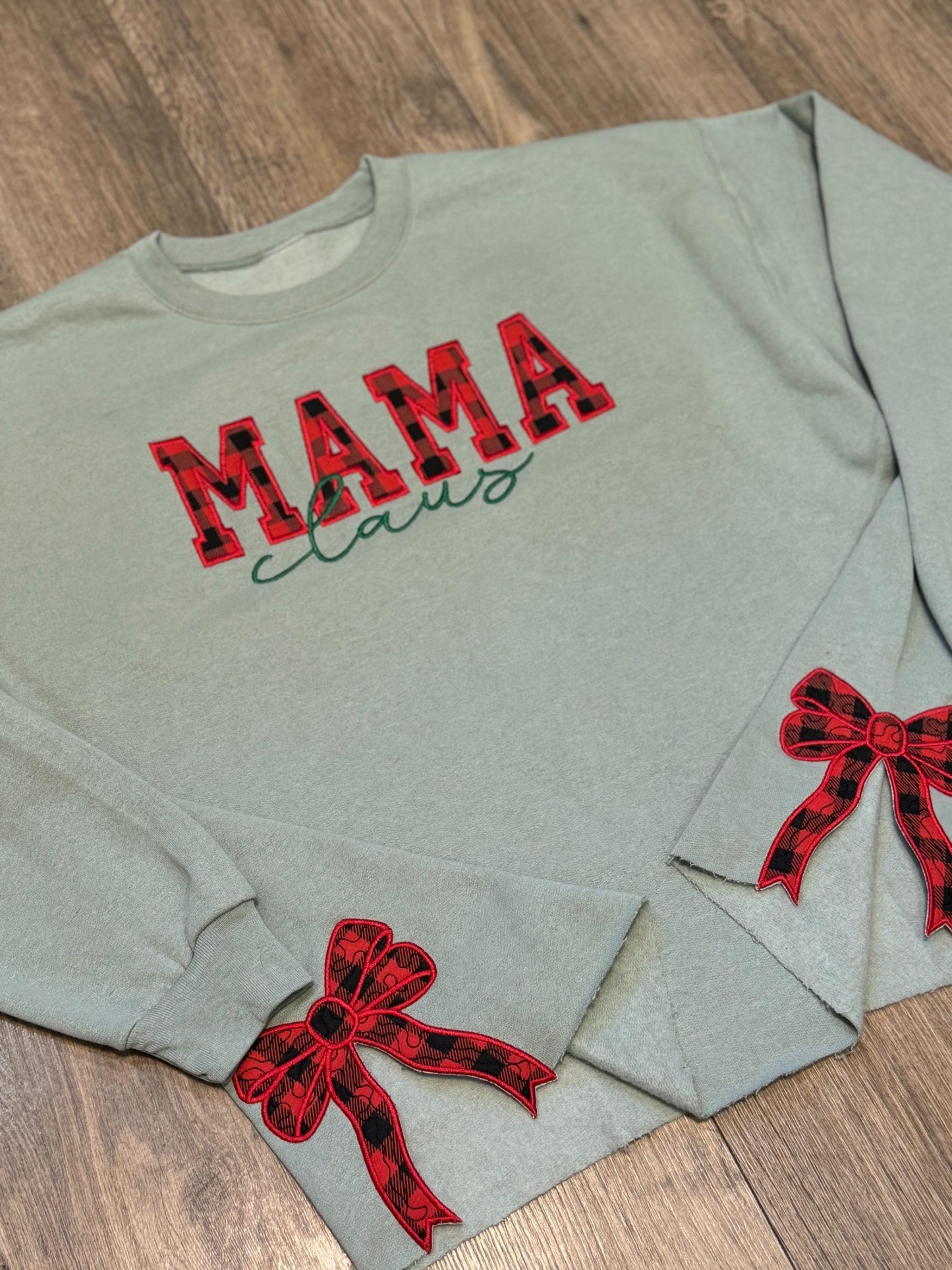 Custom Mama Claus Side Bow Cut-Out Sweatshirt, Plaid Christmas Pullover