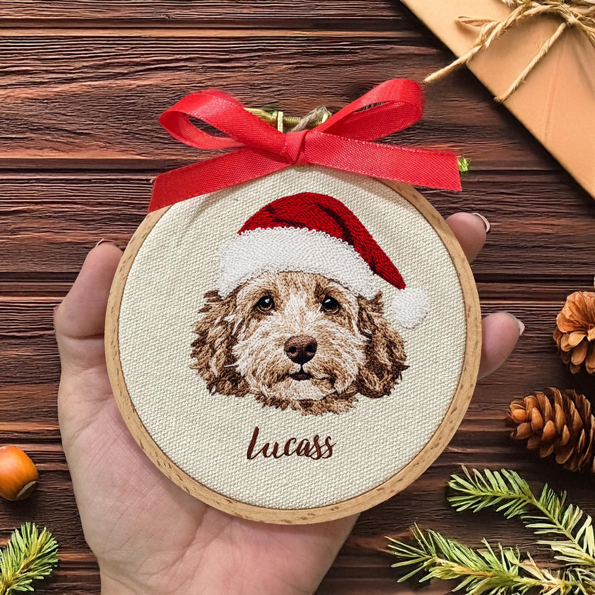 Personalized Embroidered Dog Picture Ornament, Custom Dog Name Ornament