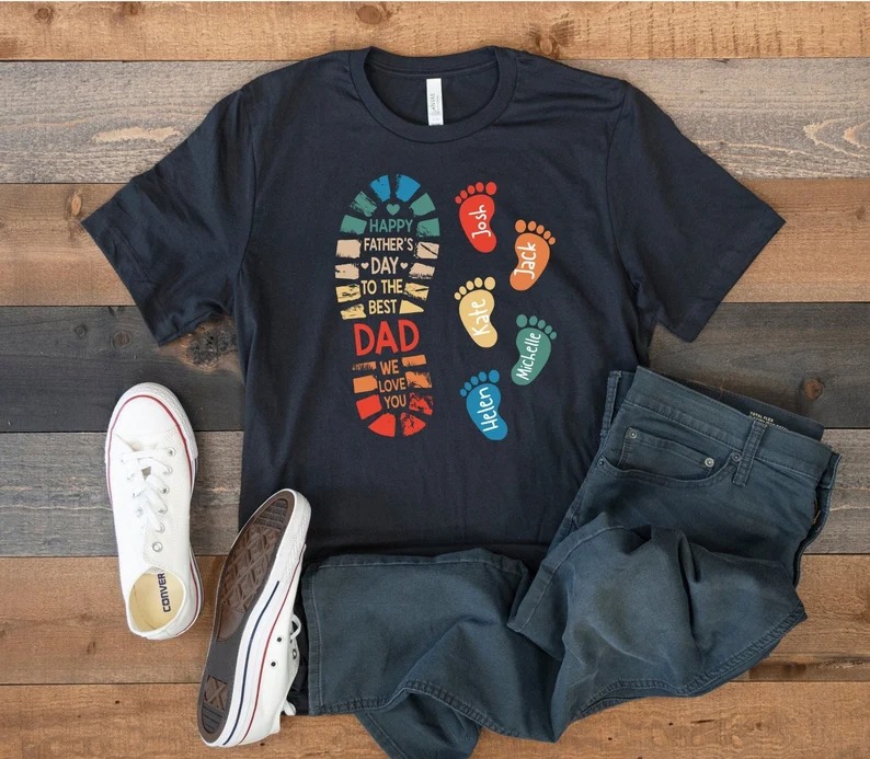 Dad Child Footprints Shirt-Personalized Father Shirt with Kids Names, Gift for Dad