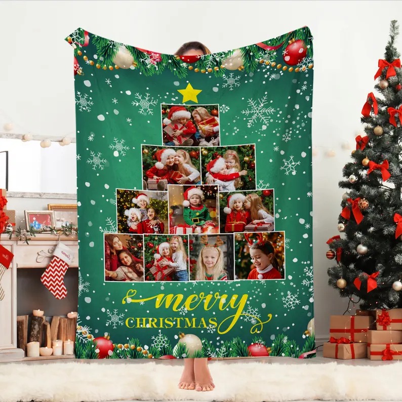 Christmas Tree Blanket Photo Collage Blanket Picture Gifts for Friends and Family Merry Christmas Blanket