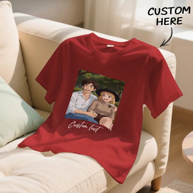 Custom Cartoon Style Photo T-Shirt Personalized Anime Portrait Tshirt with Custom Text Gift for Couple for Family  for Friend