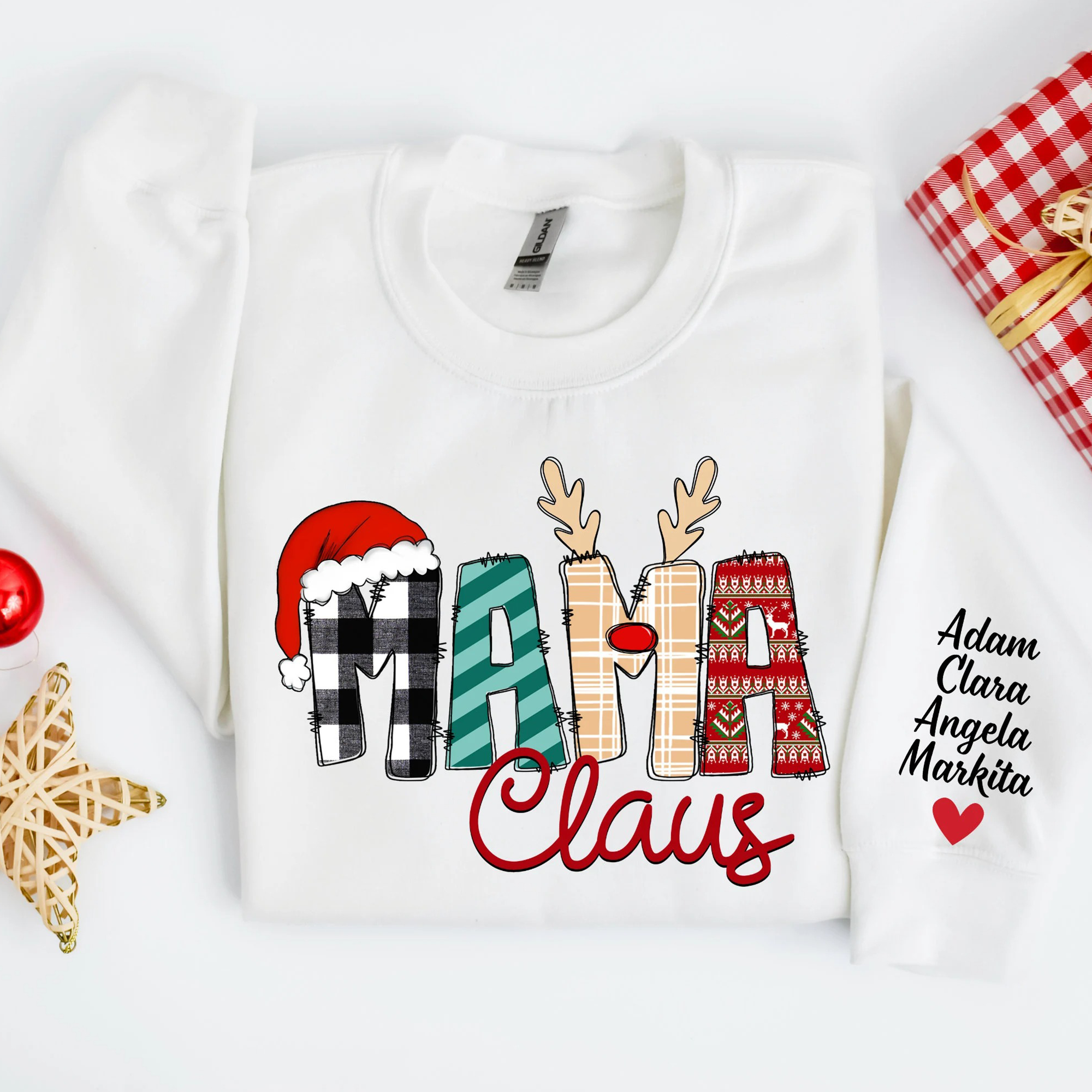 Mama Claus-Christmas Mama Claus Sweatshirt with Children Name on Sleeve Gift for Mom