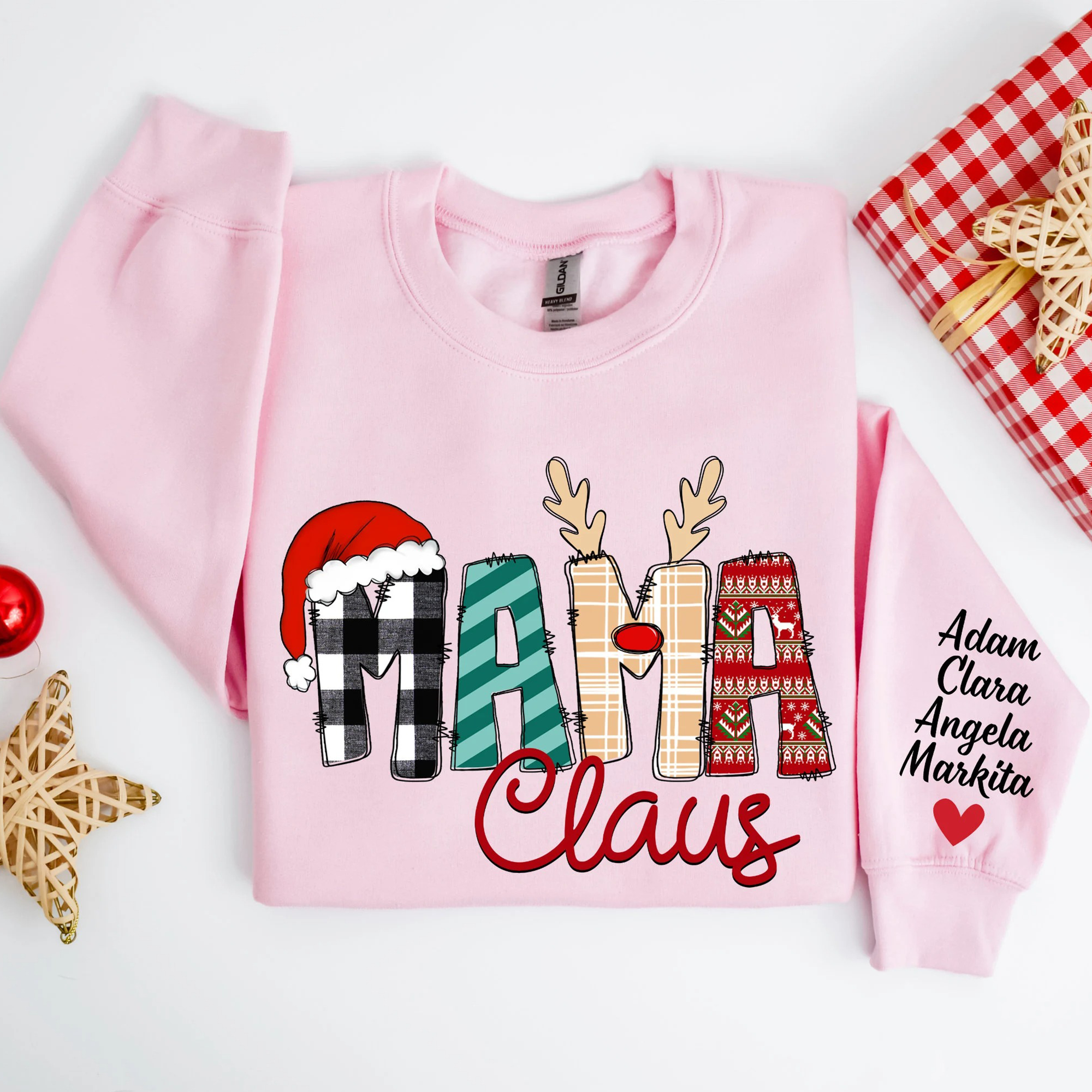 Mama Claus-Christmas Mama Claus Sweatshirt with Children Name on Sleeve Gift for Mom