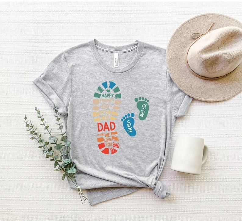 Dad Child Footprints Shirt-Personalized Father Shirt with Kids Names, Gift for Dad