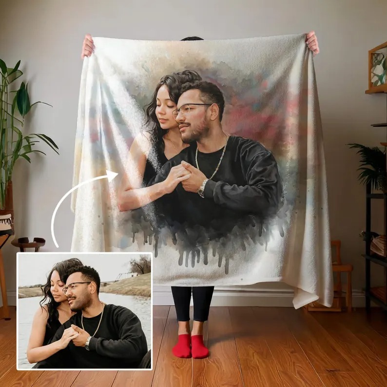 Personalized Watercolor Couple Blanket Painting Photo Portrait Blanket 