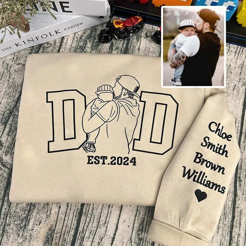 Line Art Dad Tribute Sweatshirt with Kid's Name on Sleeve