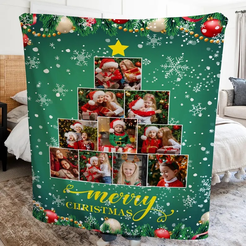 Christmas Tree Blanket Photo Collage Blanket Picture Gifts for Friends and Family Merry Christmas Blanket