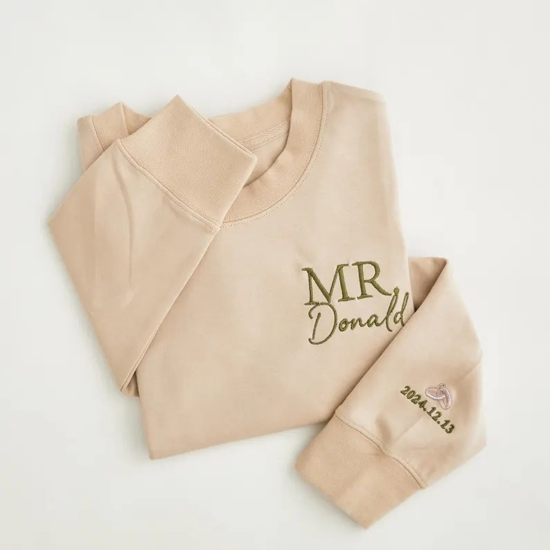 Personalised Mr Mrs Embroidered Sweatshirt - Date on Sleeve