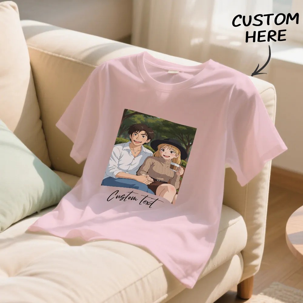 Custom Cartoon Style Photo T-Shirt Personalized Anime Portrait Tshirt with Custom Text Gift for Couple for Family  for Friend