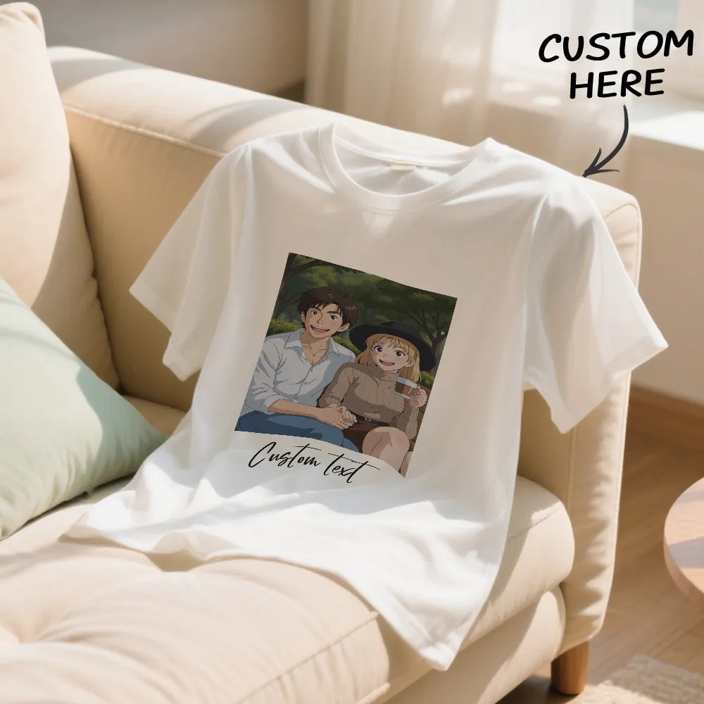 Custom Cartoon Style Photo T-Shirt Personalized Anime Portrait Tshirt with Custom Text Gift for Couple for Family  for Friend