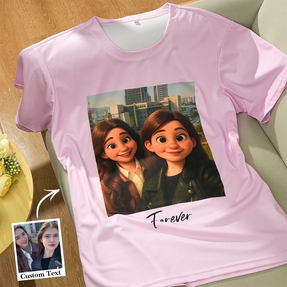 Custom Cartoon Style Photo T-Shirt Personalized Anime Portrait Tshirt with Custom Text Gift for Couple for Family  for Friend