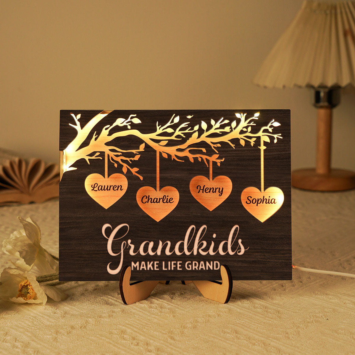Grandkids Make Life Grandma Engraved Tree With Hearts Personalized 2-Layer Wooden Plaque With LED