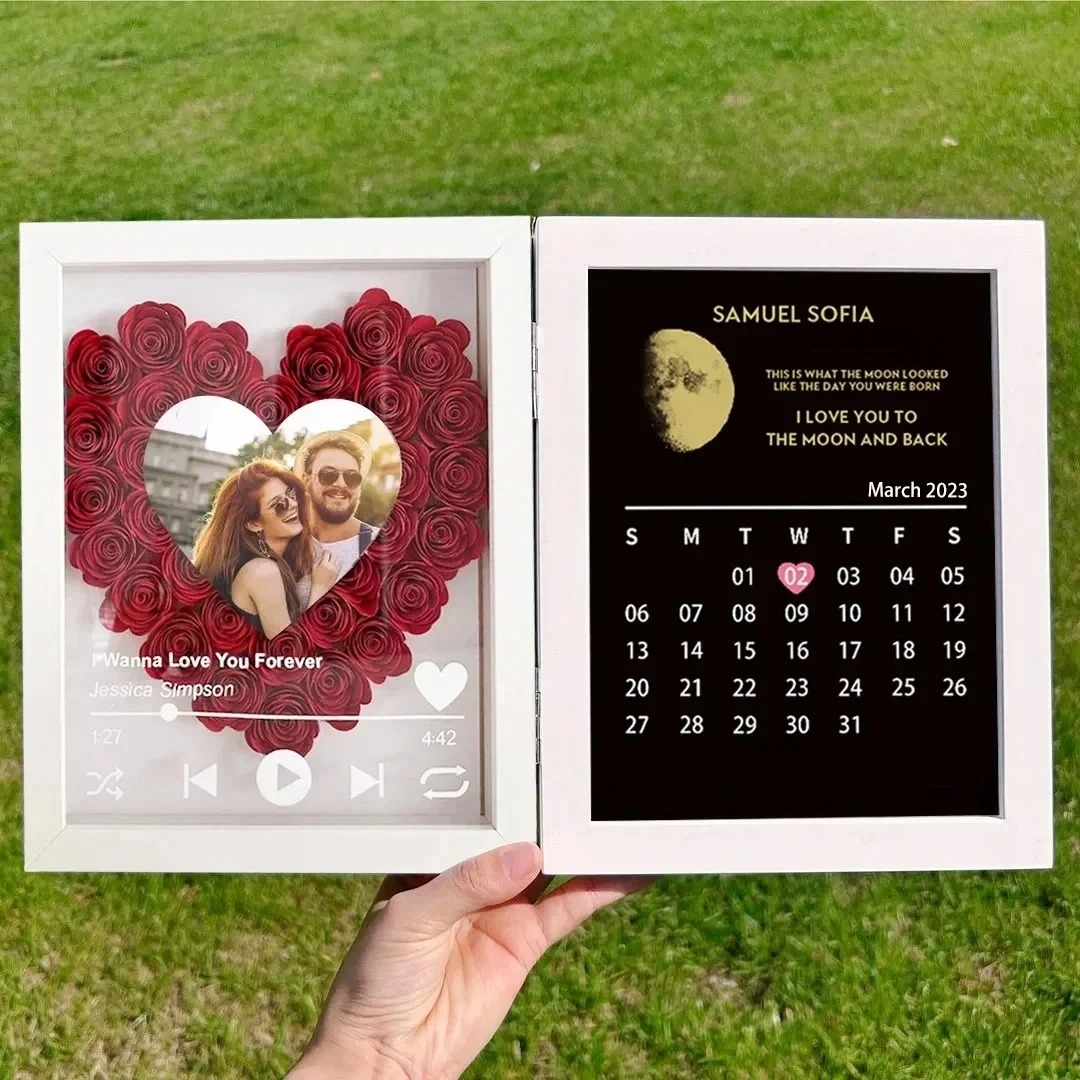 (Heart With Song) Custom Flowers Frame with REAL MOON PHASE Anniversary Calendar