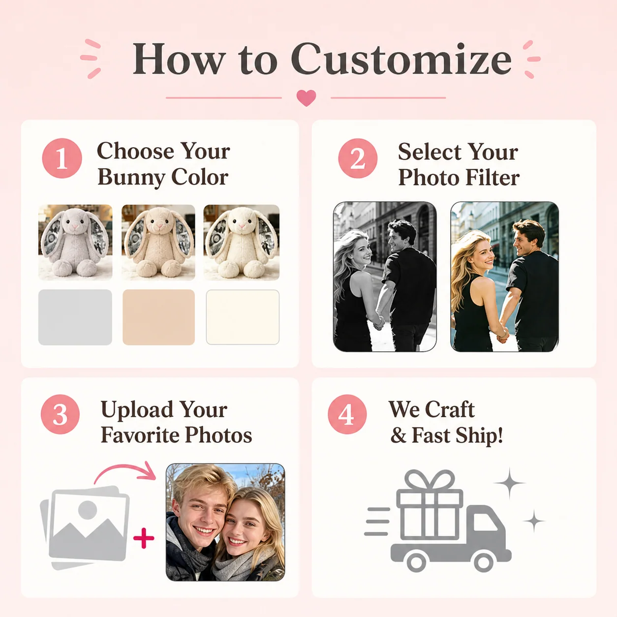  Custom Photo Bunny Plush Toy with Printed Ears & Heart–Gift for Anniversary, Valentine's Day & Birthdays