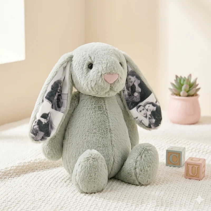  Custom Photo Bunny Plush Toy with Printed Ears & Heart–Gift for Anniversary, Valentine's Day & Birthdays