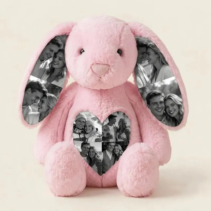  Custom Photo Bunny Plush Toy with Printed Ears & Heart–Gift for Anniversary, Valentine's Day & Birthdays