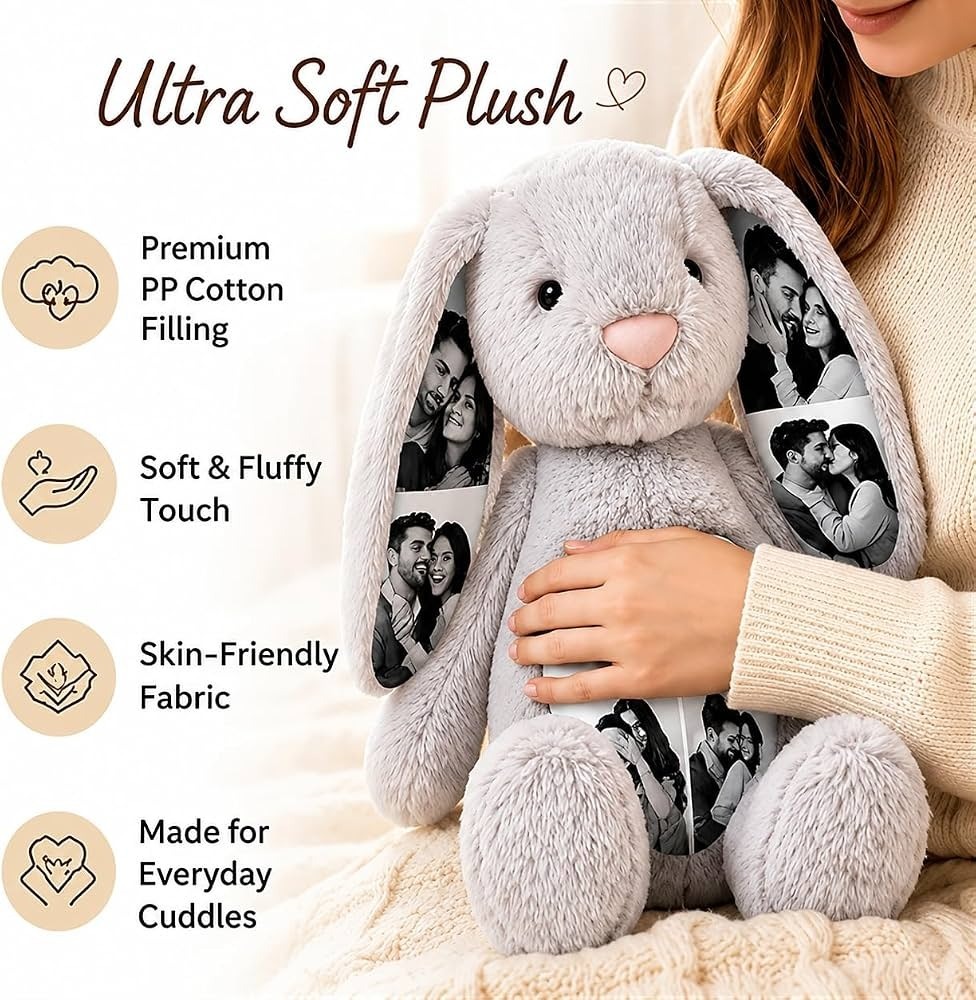  Custom Photo Bunny Plush Toy with Printed Ears & Heart–Gift for Anniversary, Valentine's Day & Birthdays