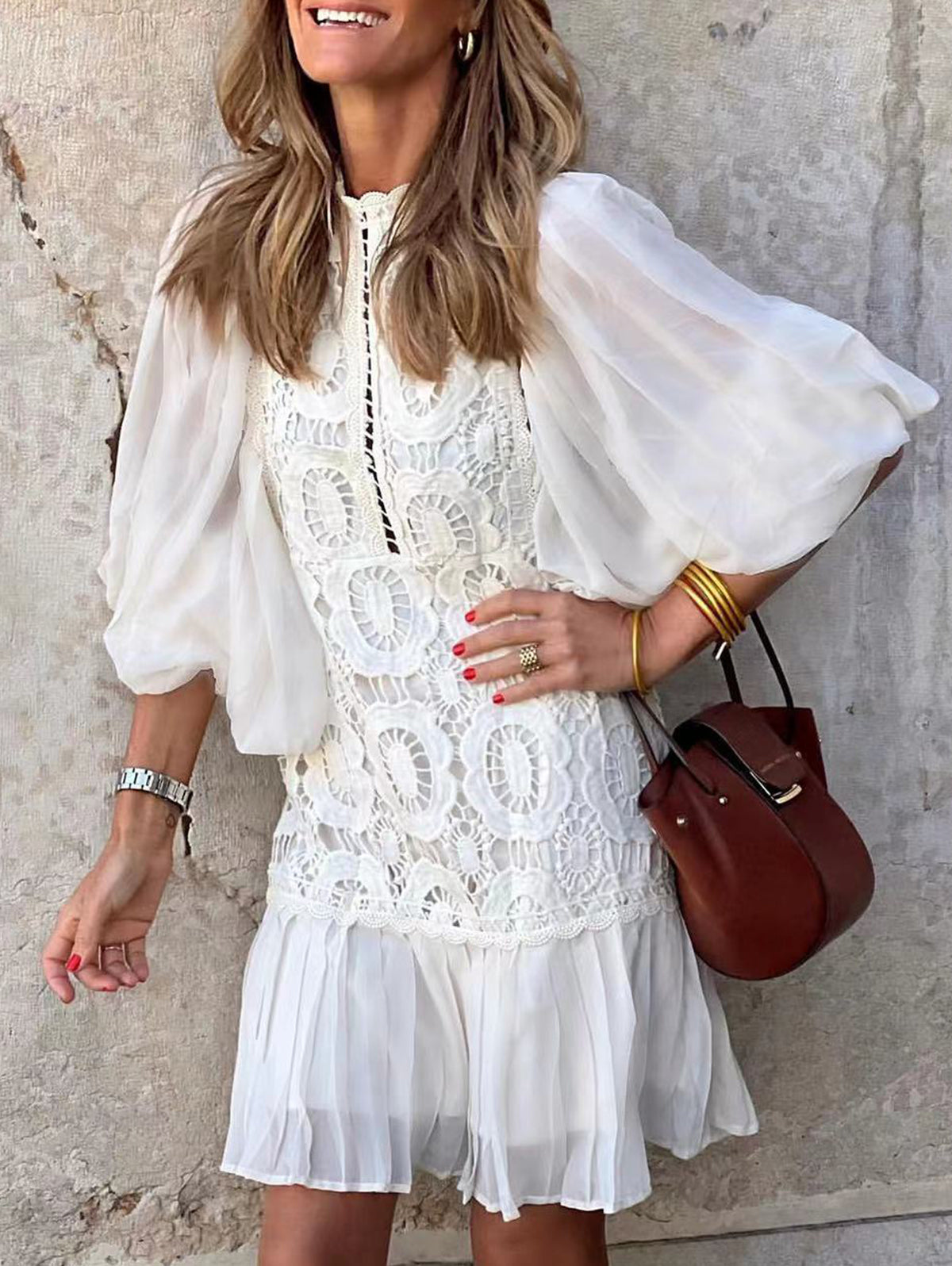 Elegant White Lace Spliced Short Lantern Sleeve Midi Dress