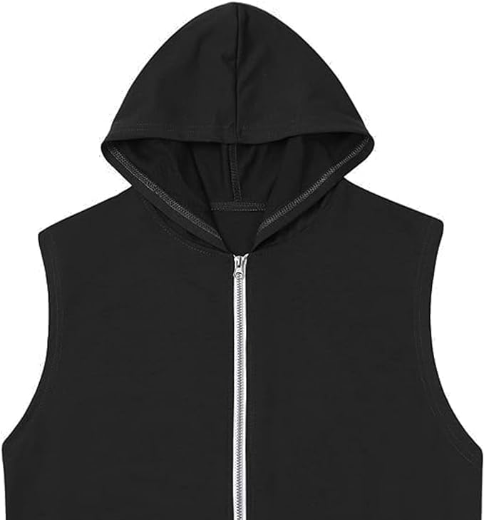 Mens Zipper Pockets Hoodie Casual Sleeveless Sport Work Out Running Hooded Sweatshirt