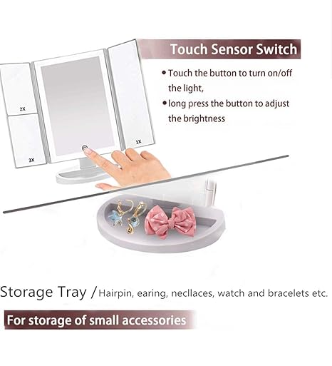 36 LED Nature Daylight Lighted Makeup Mirror,Tri-Fold Lighted Makeup Mirror with 3X/2X Magnification and Touch Screen Dimming Makeup Mirror, 180 Degree free Rotation, Countertop Cosmetic Mirror