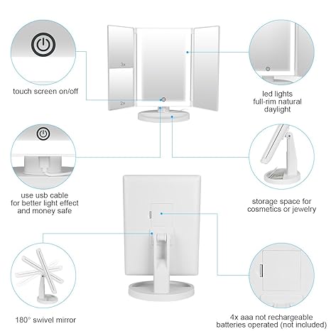 36 LED Nature Daylight Lighted Makeup Mirror,Tri-Fold Lighted Makeup Mirror with 3X/2X Magnification and Touch Screen Dimming Makeup Mirror, 180 Degree free Rotation, Countertop Cosmetic Mirror