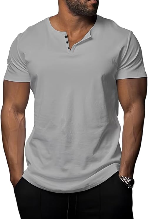Mens Henley Shirts Short Sleeve Casual Summer T Shirts Muscle Slim Fit Workout Shirt