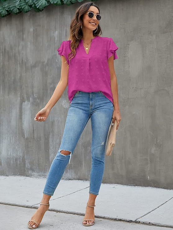 Womens White Blouse V Neck Ruffle Sleeve Flowy Shirts Dressy Casual Cute Summer Tops